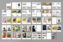 Spreads of an art publication on a grey background