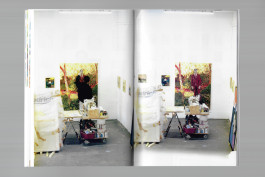 Spreads of an art publication on a grey background